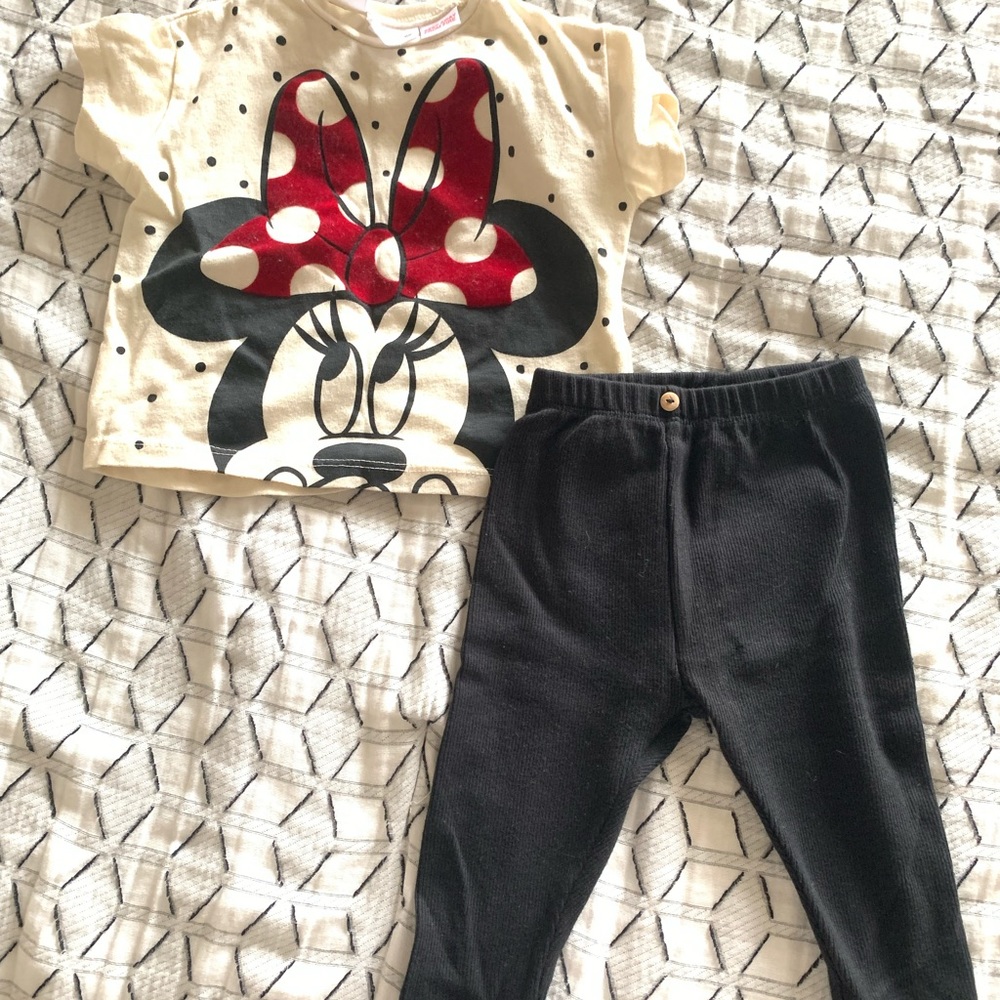 Zara Minnie Mouse shirt and leggings outfit.